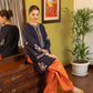 Navy Blue Lawn 2 Piece Heavy Embroidered Suit – Front, Sleeves & Rust Trouser