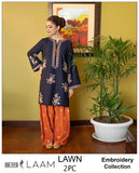 Navy Blue Lawn 2 Piece Heavy Embroidered Suit – Front, Sleeves & Rust Trouser
