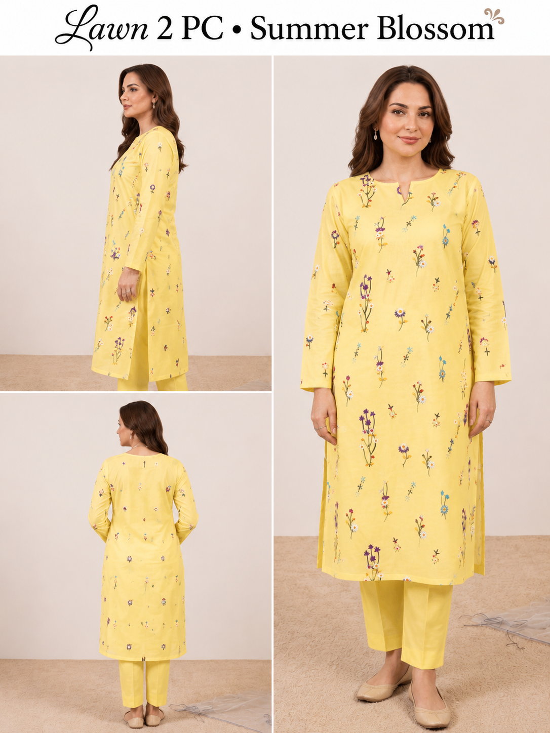 2pc Premium Pure Lawn Floral Embroidered-Lime yellow