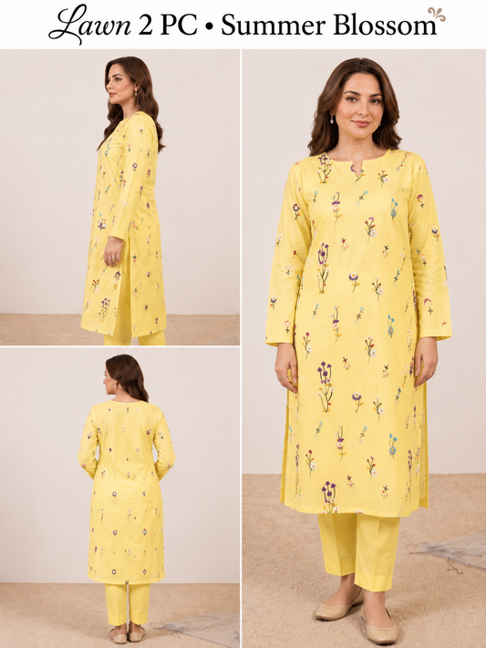 2pc Premium Pure Lawn Floral Embroidered-Lime yellow