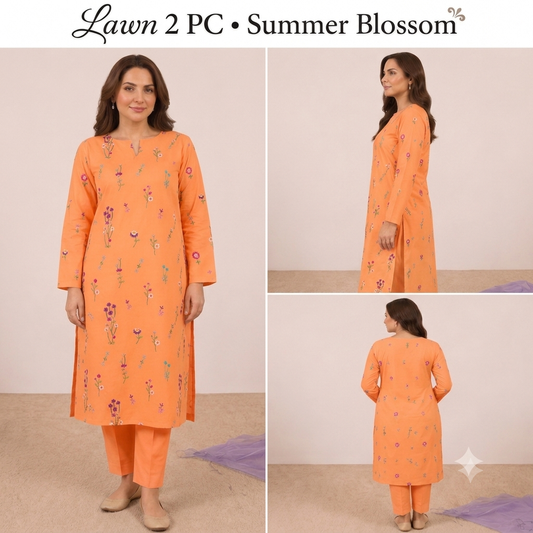 2pc Lawn Floral Embroidered-Peach