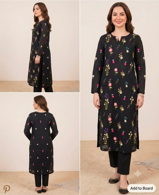 2pc Premium Pure Lawn Floral Embroidered- Black