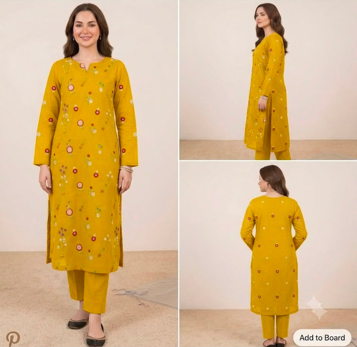 2pc Premium Pure Lawn Floral Embroidered-Mustard