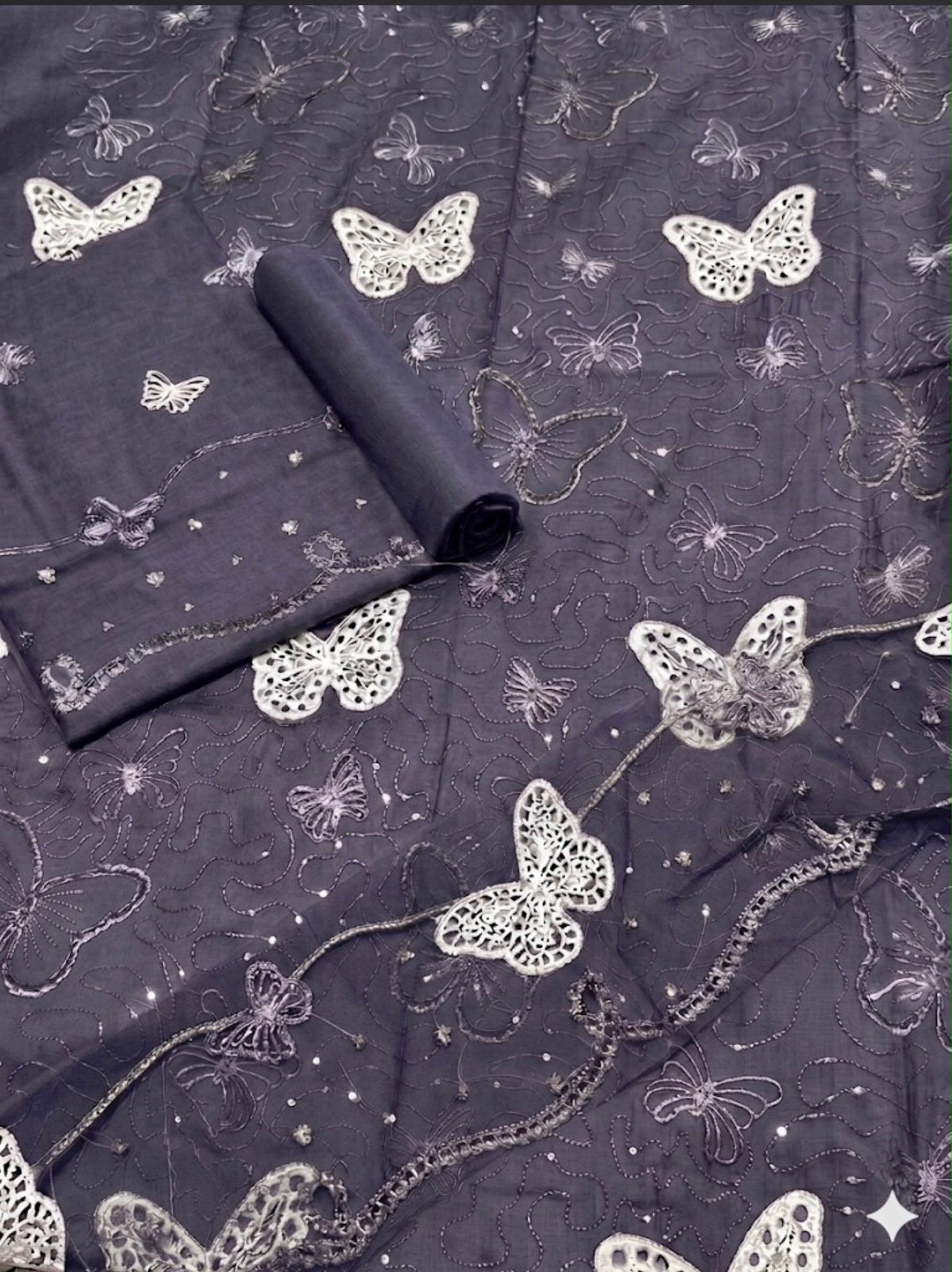 Lawn butterfly 2 PC Grey Chikankari With Sequence